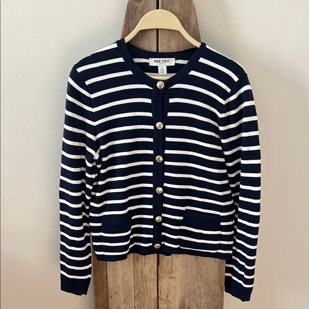 Nine West Blue and White Cardigan Nautical Striped Sweater